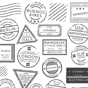 postage symbols, showing stamps to different countries